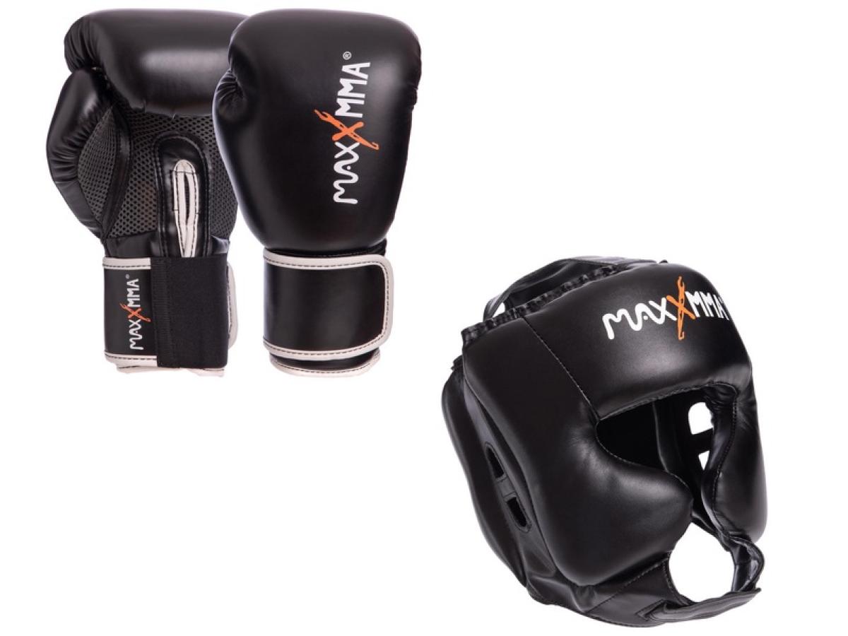 Боксерський набор MaxxMMA Перчатки для бокса GBH01 12униций и шлем для бокса MaxxMMA GB01s L-XL черный